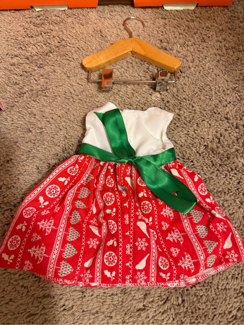 Non- brand custome homemade to fit AG doll. Holiday Dress with Green Sash